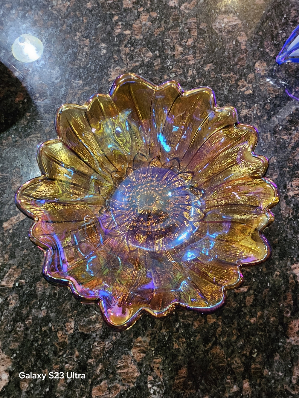 Iridescent Sunburst Glass Decorative Bowl - Gold with Blue Accents